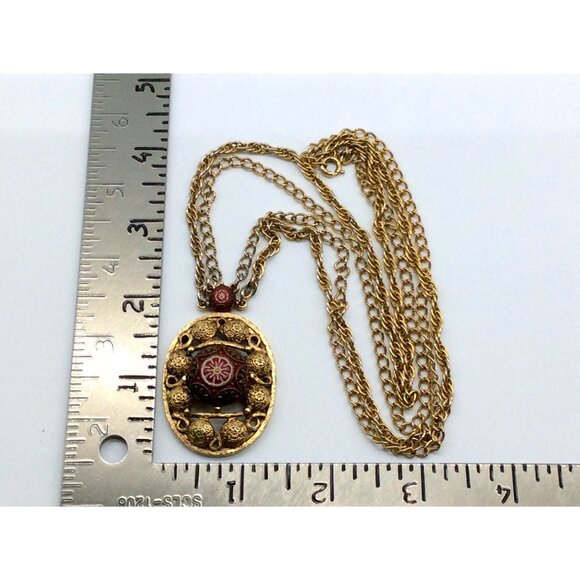 Vintage Gold-Tone Pendant Necklace With Red & White Floral Enamel Design Double - Picture 6 of 8